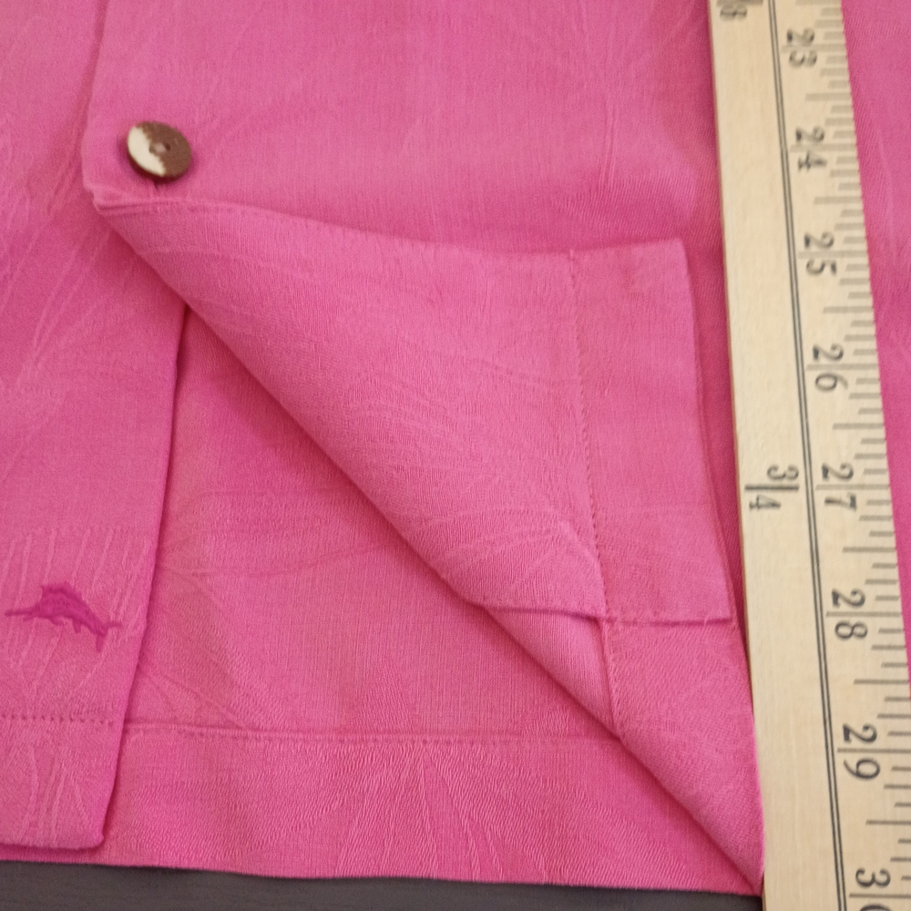 Tommy Bahama Vibrant Pink Shirt with Shell Buttons. Embossed Palm Trees - Picture 5 of 7